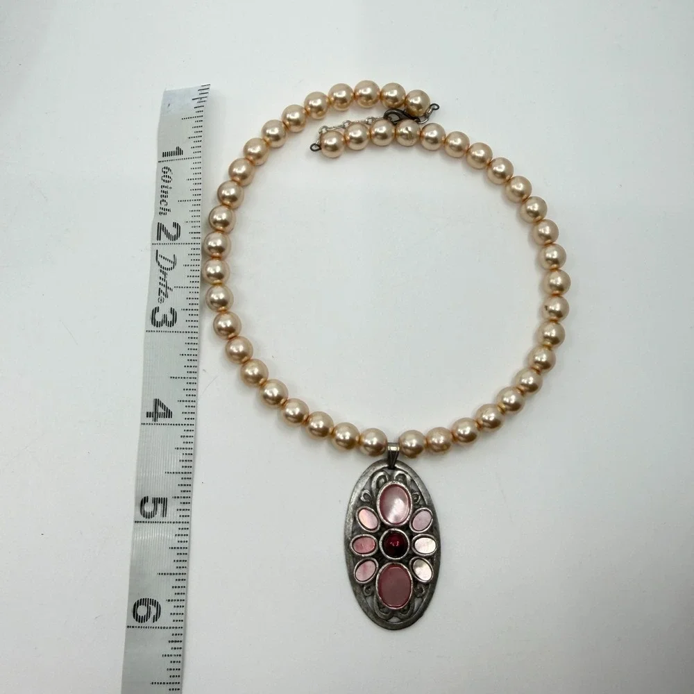 Blush Faux Pearl Pink Cabochon Pendant Necklace Silver Tone Coquette Statement